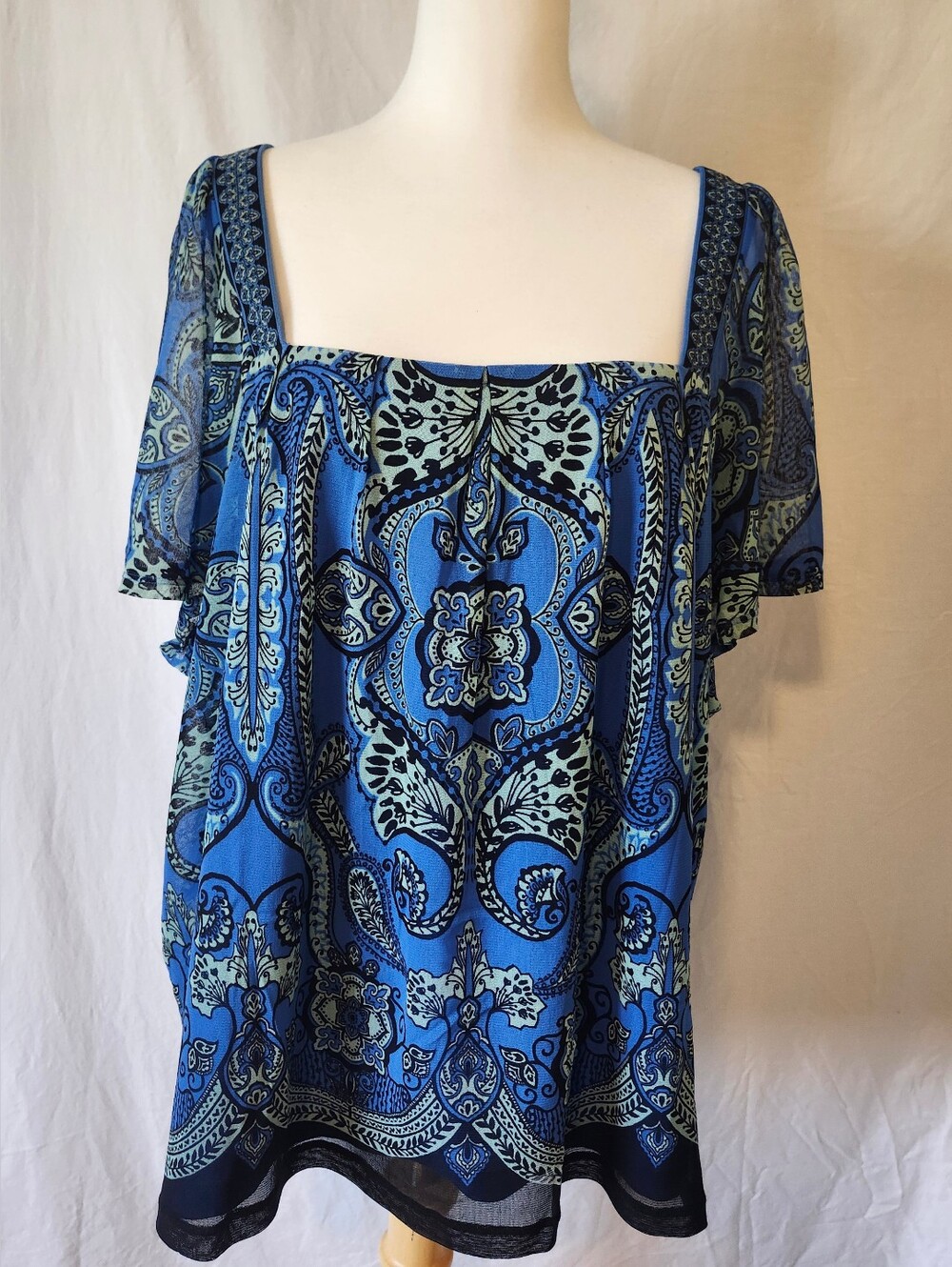 Blue Paisley Square-Neck Lined Women's Blouse